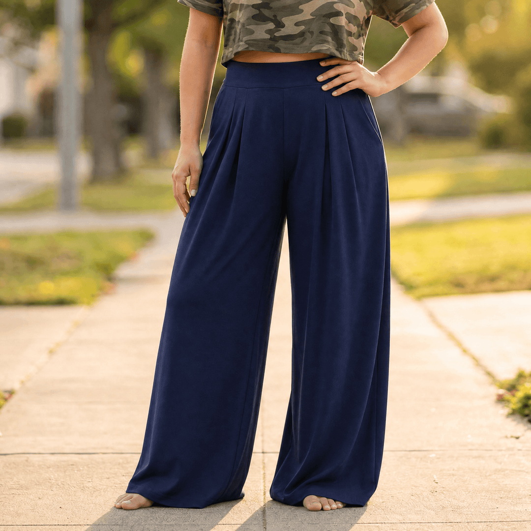 Curvella – Women's Flowy Pleated Palazzo Pants Navy Blue
