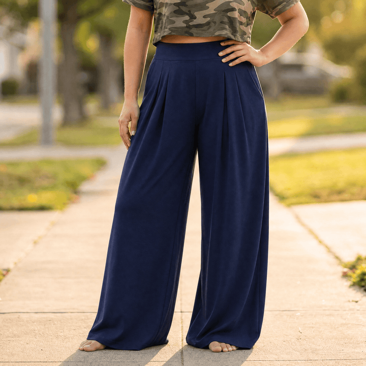 Curvella – Women's Flowy Pleated Palazzo Pants Navy Blue