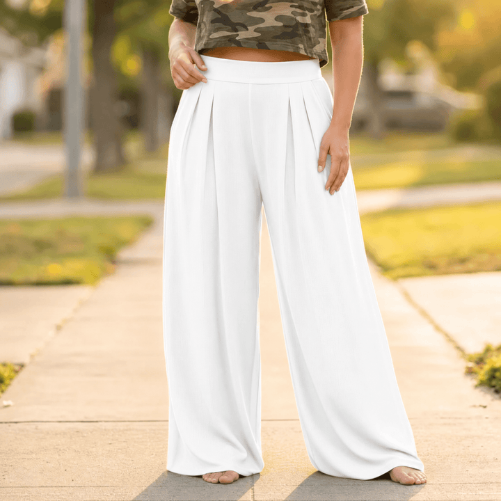 Curvella – Women's Flowy Pleated Palazzo Pants White