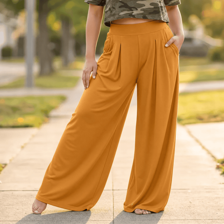 Curvella – Women's Flowy Pleated Palazzo Pants Yellow Orange