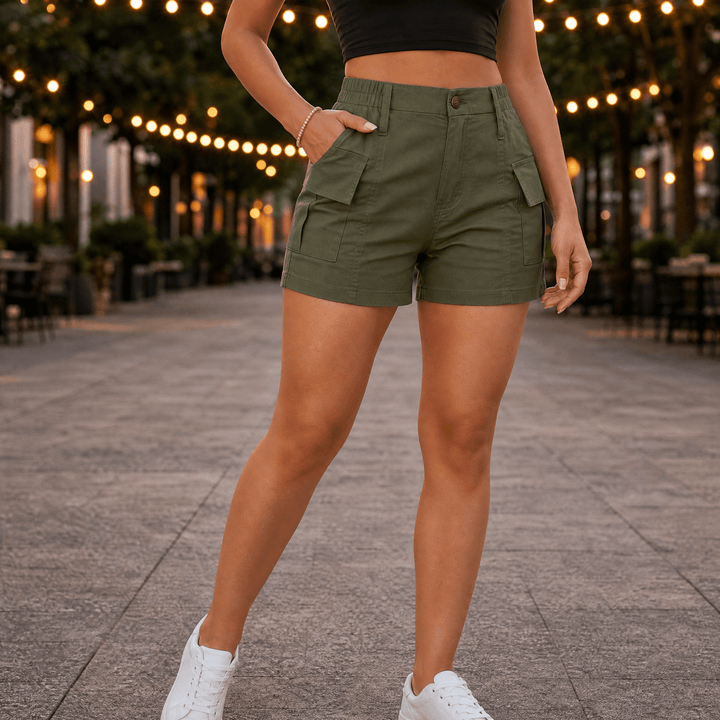 Curvella – Women's High-Waisted Stretch Cargo Shorts Olive Green