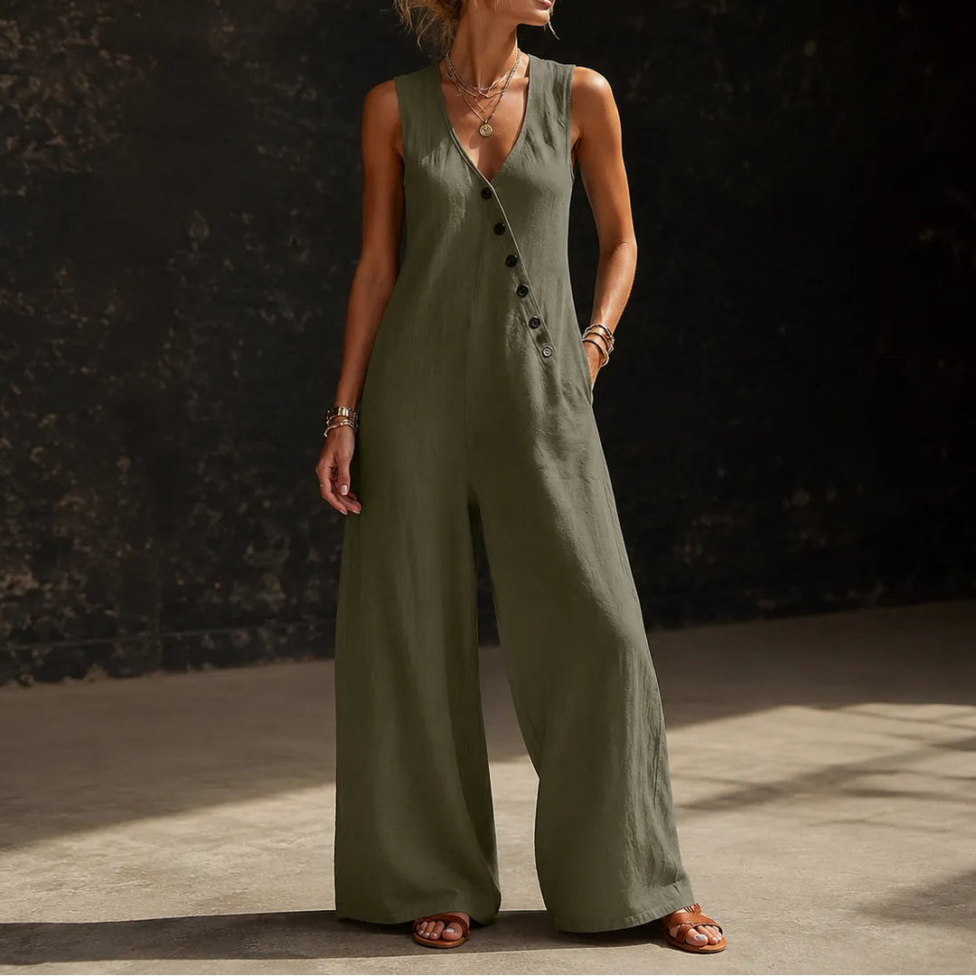 Wearvelle – Sleeveless Wide-Leg Jumpsuit with Diagonal Buttons and Pockets