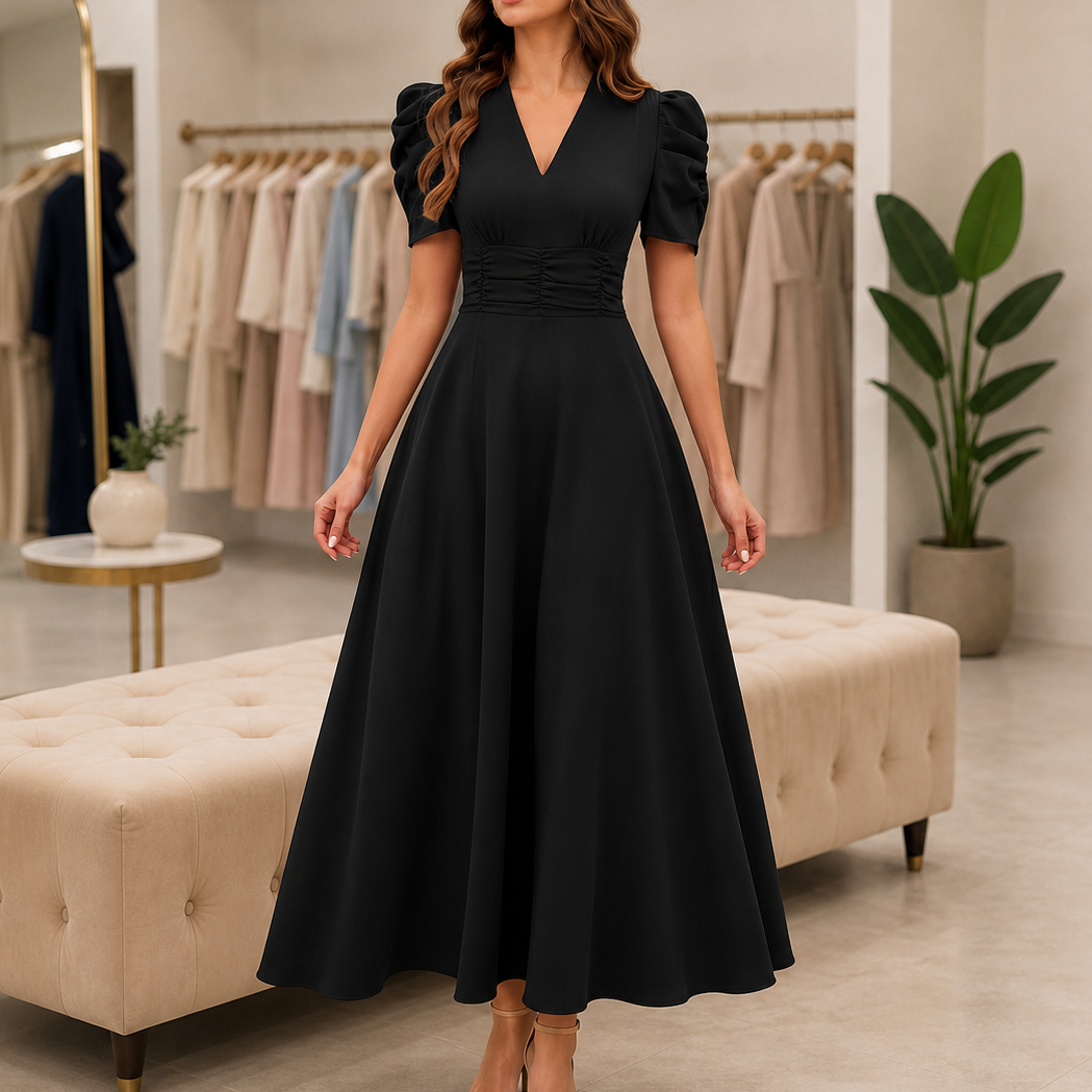 Wearbella – Ruched Waist Puff Sleeve V-Neck Midi Dress