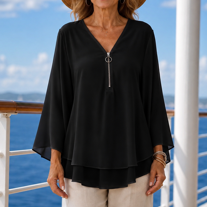 Layerly – Double-Layer Zip V-Neck Top
