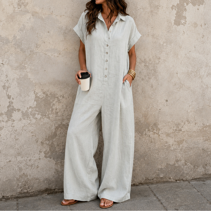 Fauxmalwear – Wide-Leg Button-Front Shirt Collar Jumpsuit