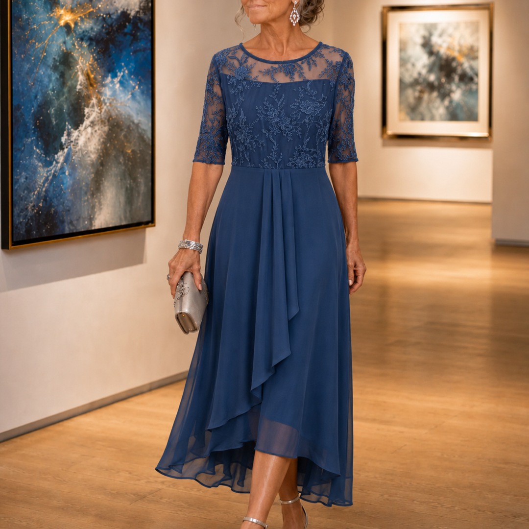Elarose – Embroidered Lace Bodice Midi Dress for Weddings