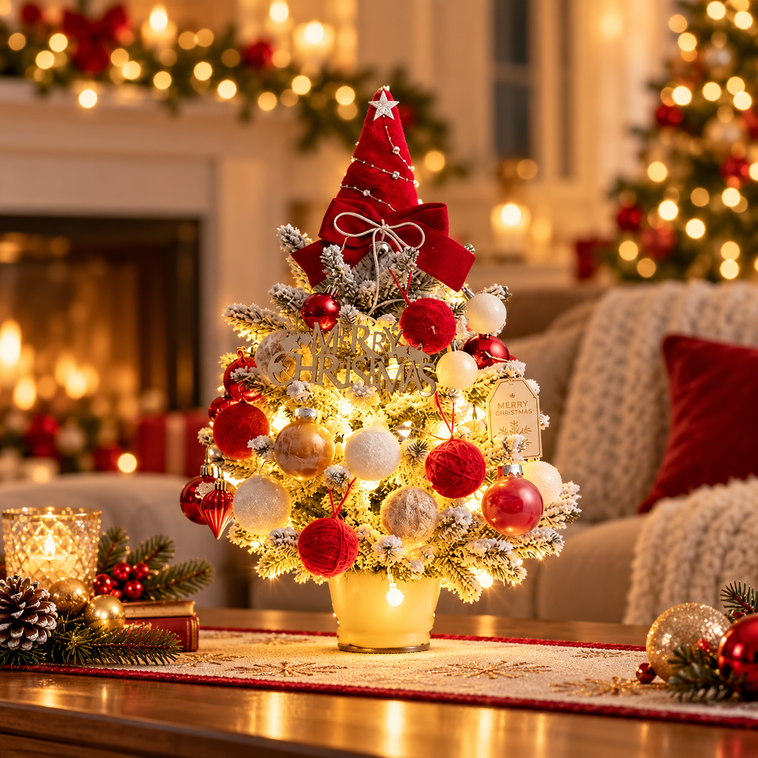 Everpine – Pre-Decorated Snow-Flocked Tabletop Christmas Tree