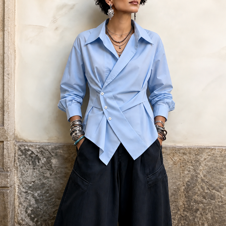 Vela Twist – Diagonal Wrap Hem Cotton Shirt