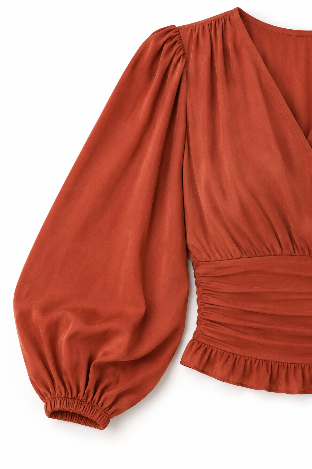Cinchelle – Ruched Waist Puff Sleeve Chiffon Look Blouse