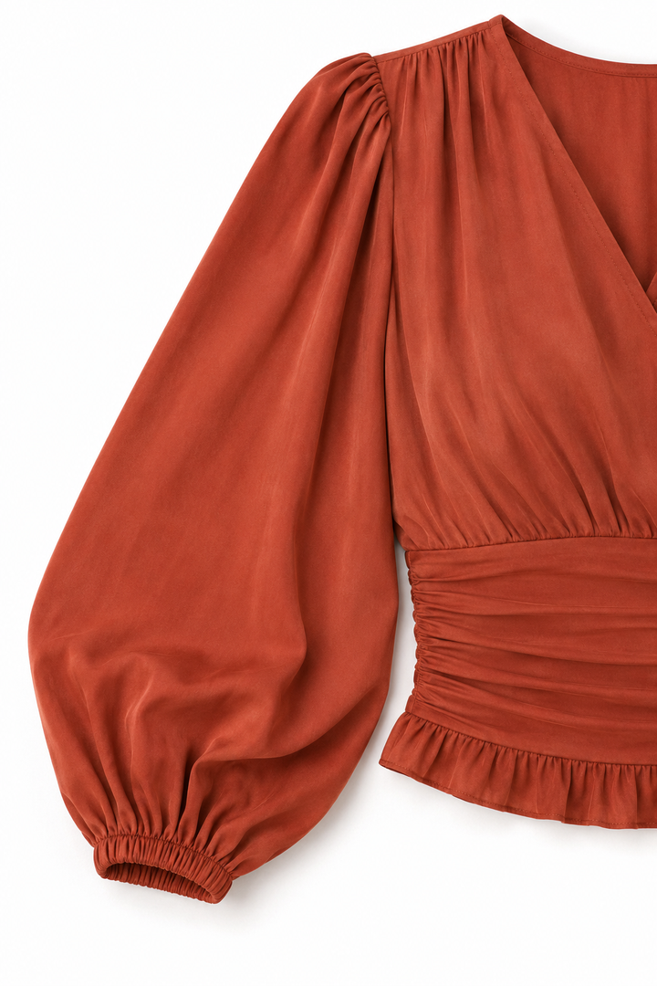 Cinchelle – Ruched Waist Puff Sleeve Chiffon Look Blouse