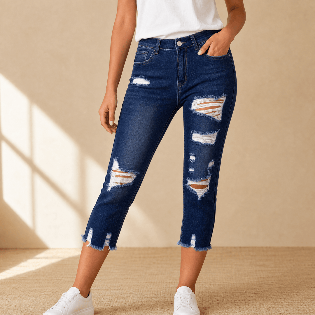 Delina – Women's Soft Cotton Frayed-Hem Capri Jeans Navy Blue
