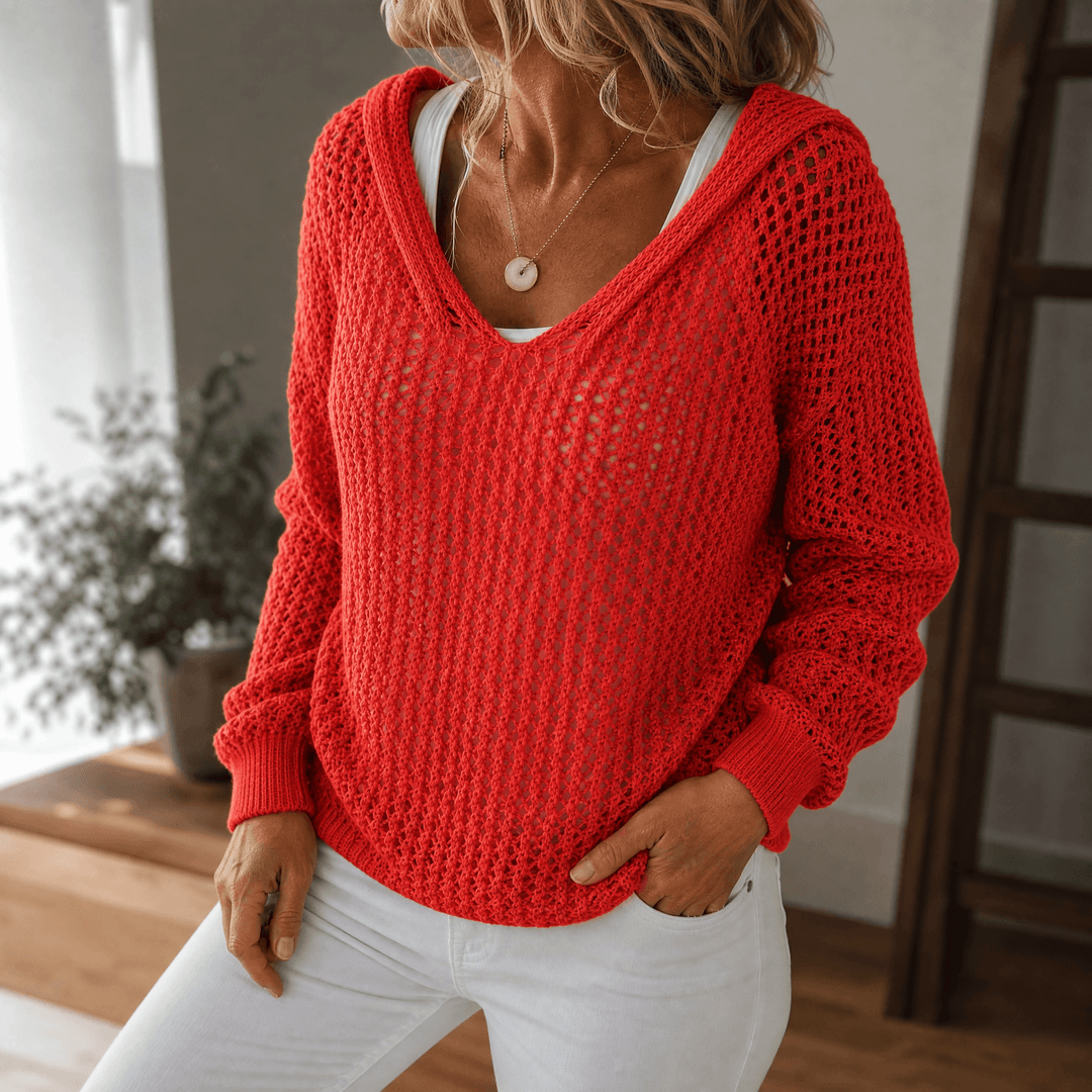 Delyne – Women's Open-Knit Hooded Pullover Coral Red /