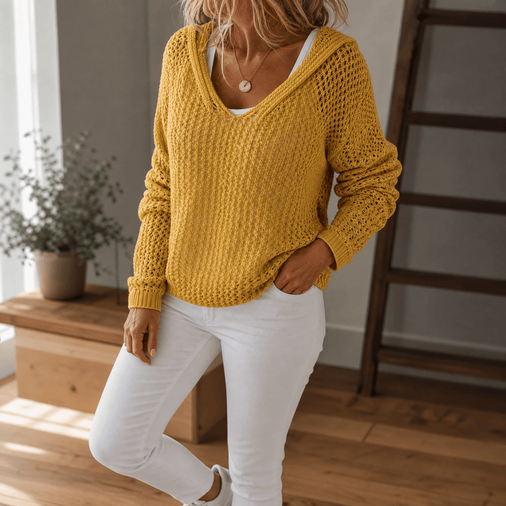 Delyne – Women's Open-Knit Hooded Pullover Mustard / S