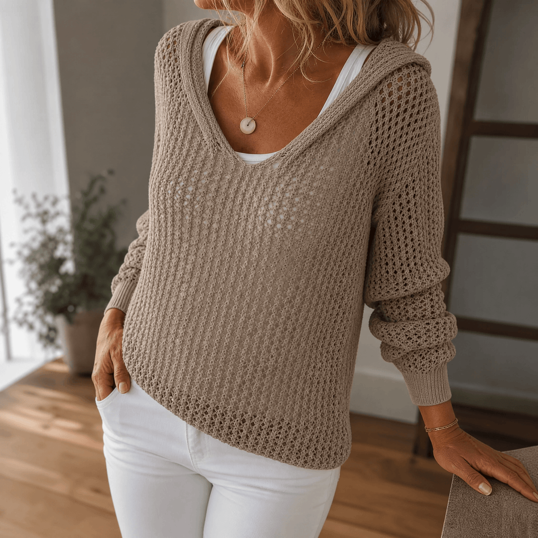 Delyne – Women's Open-Knit Hooded Pullover Taupe Brown / S