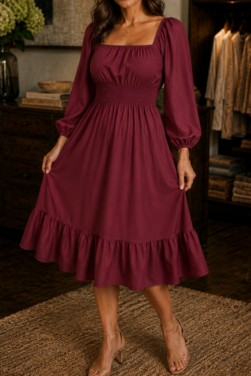 Trucewear – Smocked Square Neck Ruffled Midi Dress