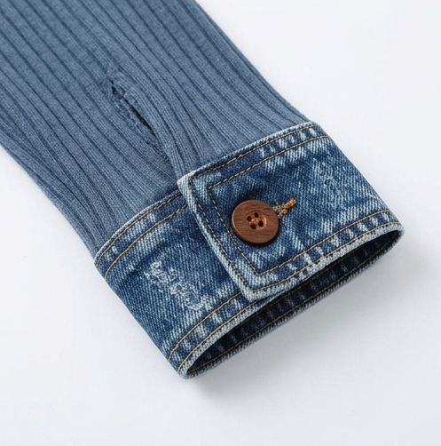 Layerelle – Ribbed Knit Denim-Trim Casual Top