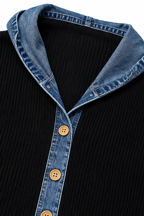 Layerlore – Denim-Look Patchwork Hooded Cardigan