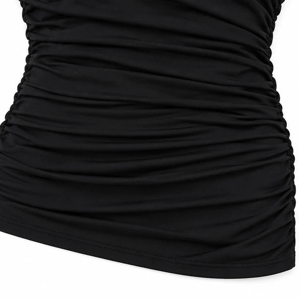 Veilora – Sheer Mesh Crisscross Mock Neck Blouse
