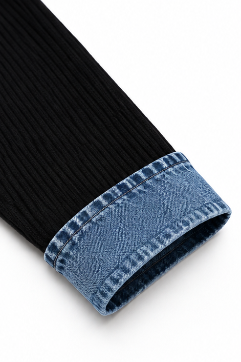Layerlore – Denim-Look Patchwork Hooded Cardigan