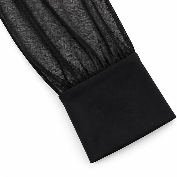 Veilora – Sheer Mesh Crisscross Mock Neck Blouse
