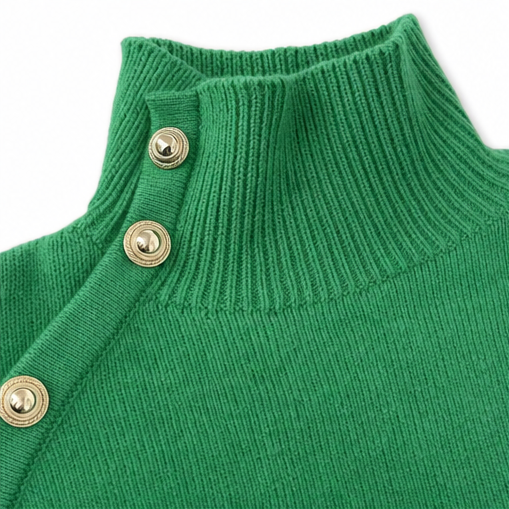 Asymvia – Asymmetric Gold-Tone Button Mock Neck Sweater