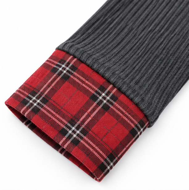 Marelle – Plaid Panel Ribbed Zip-Up Hoodie
