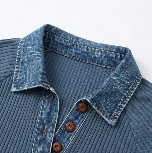 Layerelle – Ribbed Knit Denim-Trim Casual Top