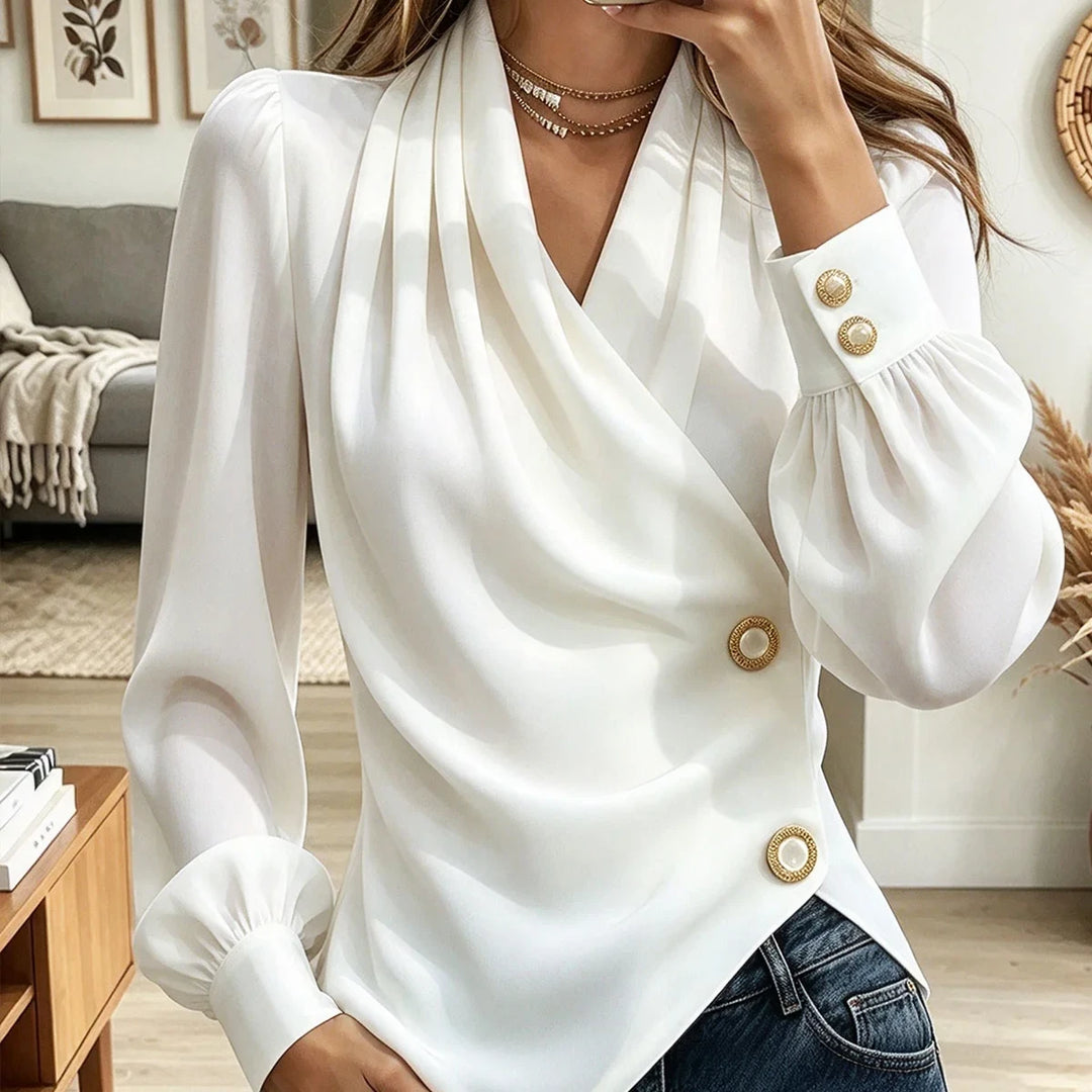 Pearlora – Pearl Cuff Asymmetric Button-Down Blouse