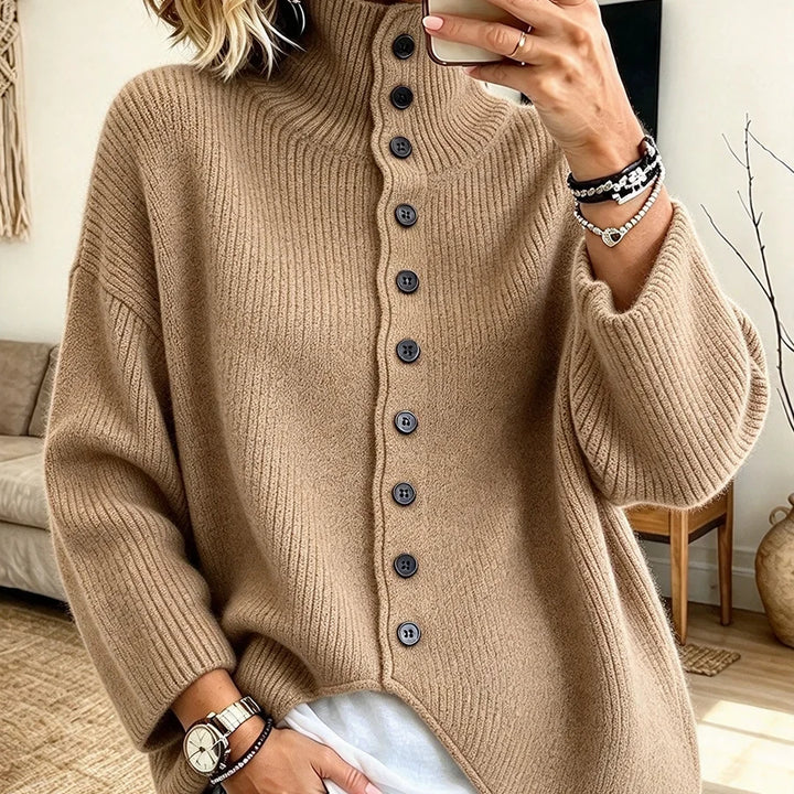 Sorella – Ribbed Asymmetric Button-Front Sweater