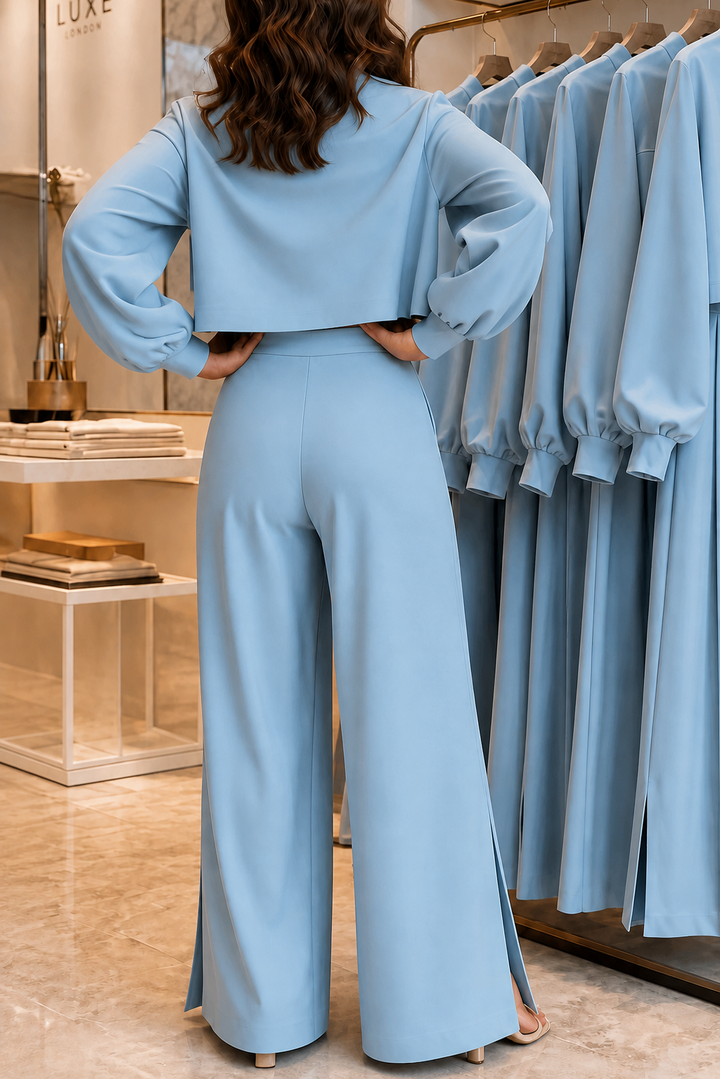 Wearbella – Bishop Sleeve Mock Neck Top And Wide-Leg Pants Set