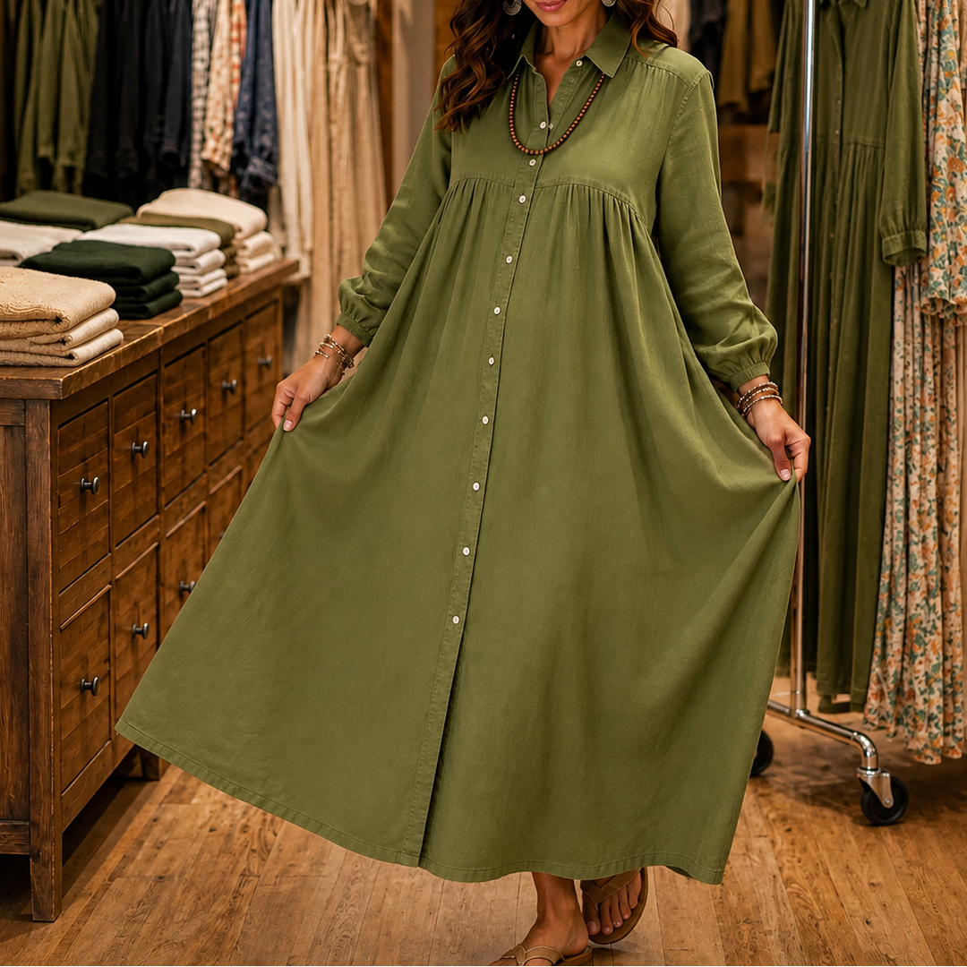 Linora – Button-Through Linen-Blend Maxi Shirt Dress