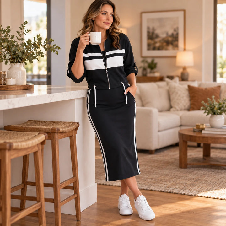 Stripe & Shape – Striped Bomber Jacket And Pencil Skirt Set