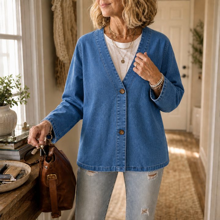 Drapella – Collarless Soft-Denim-Look Button-Down Cardigan