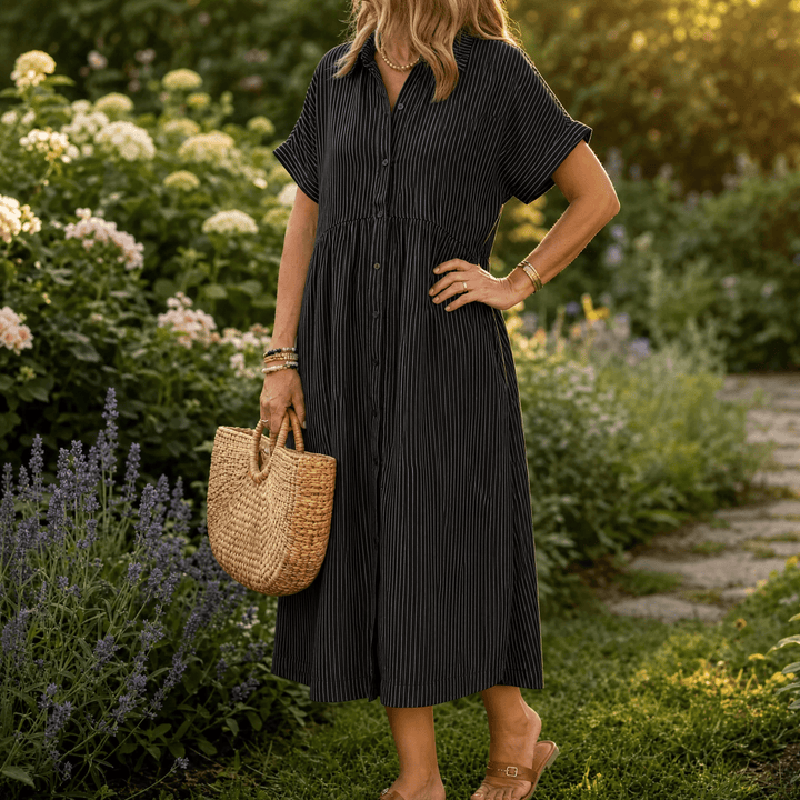 Elira – Women's Airy Striped Midi Shirt Dress Black Stripe