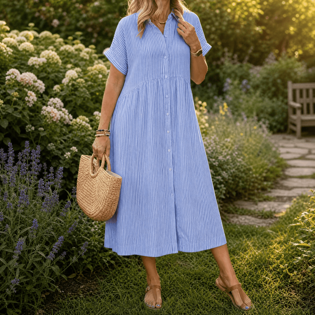 Elira – Women's Airy Striped Midi Shirt Dress Chambray Blue Stripe