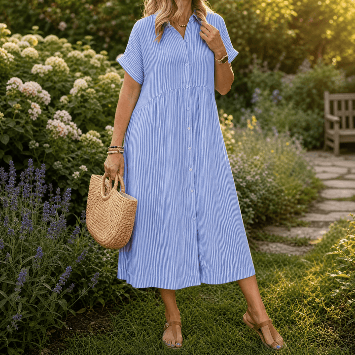 Elira – Women's Airy Striped Midi Shirt Dress Chambray Blue Stripe