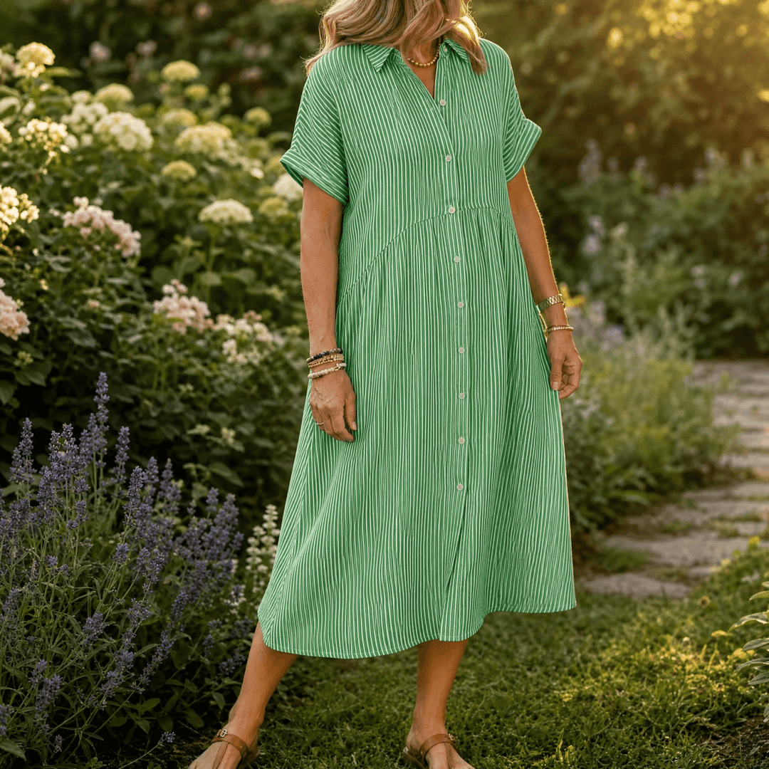 Elira – Women's Airy Striped Midi Shirt Dress Green Stripe