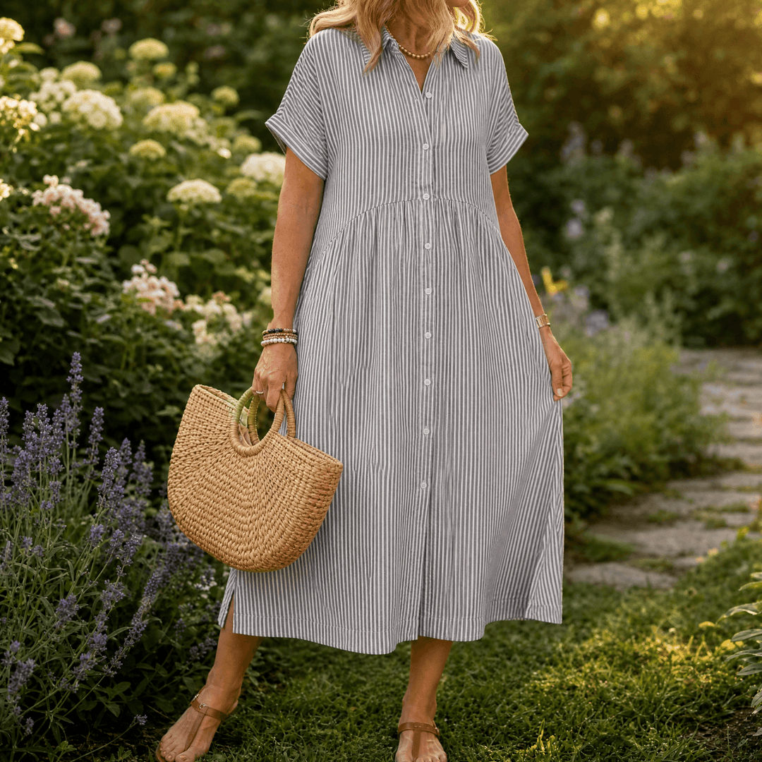 Elira – Women's Airy Striped Midi Shirt Dress Grey Stripe