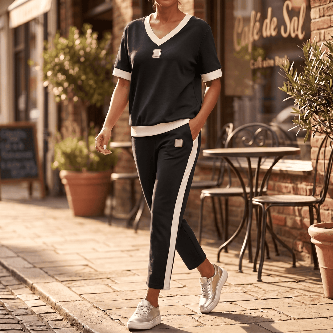 Ellara – Women's Contrast Trim V-Neck Pants Set Black /