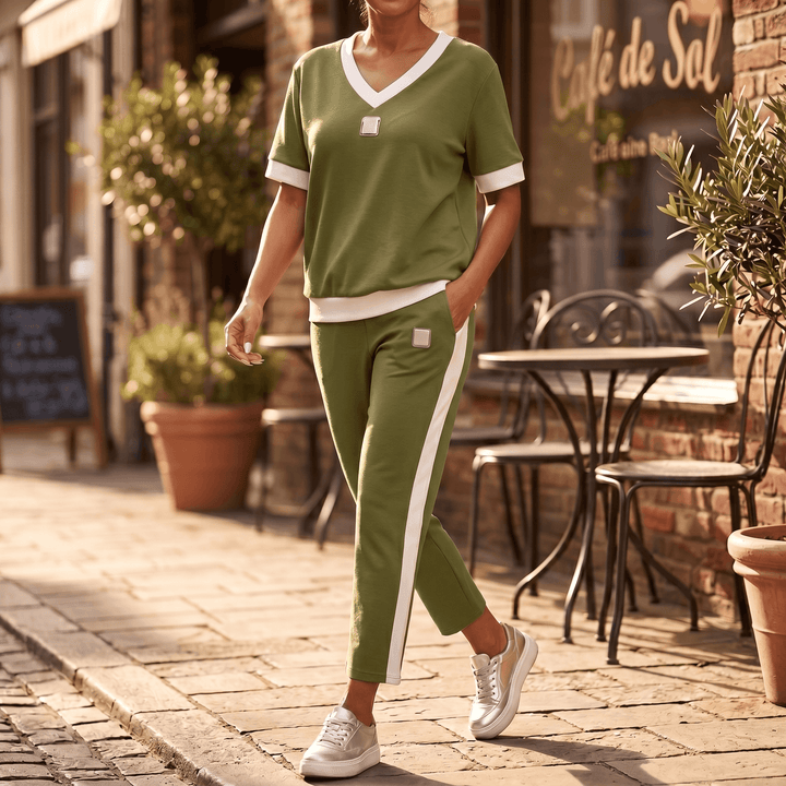 Ellara – Women's Contrast Trim V-Neck Pants Set Olive Green /