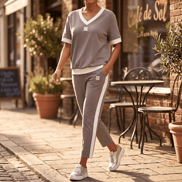 Ellara – Women's Contrast Trim V-Neck Pants Set Taupe /