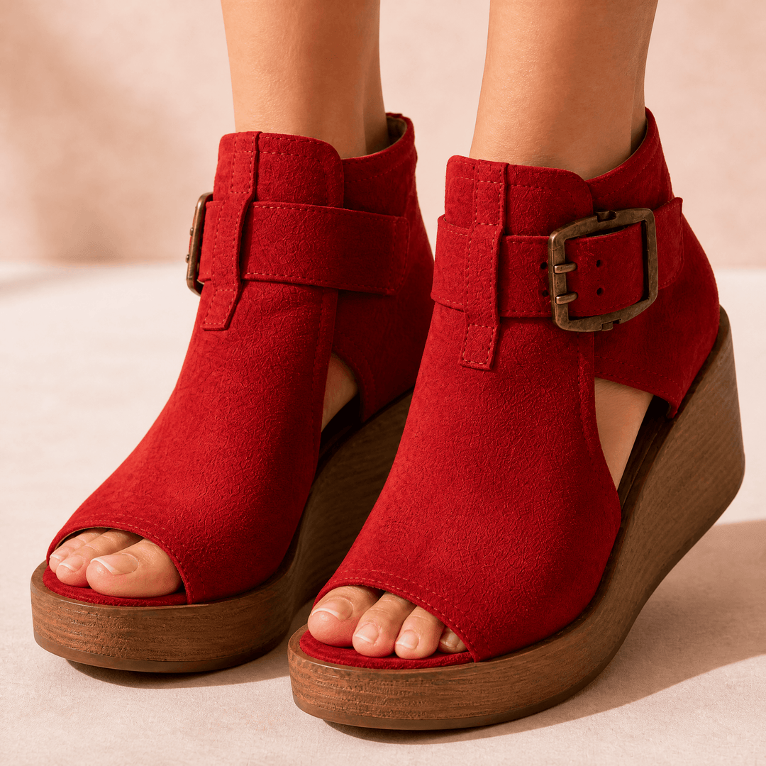 Elsera – Peep-Toe Platform Wedges with Buckle Detail Red / 5