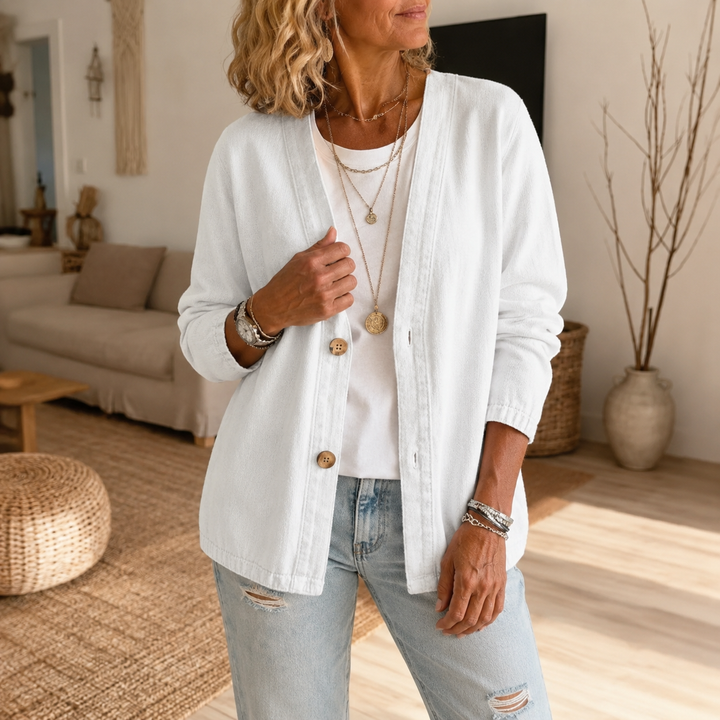 Drapella – Collarless Soft-Denim-Look Button-Down Cardigan