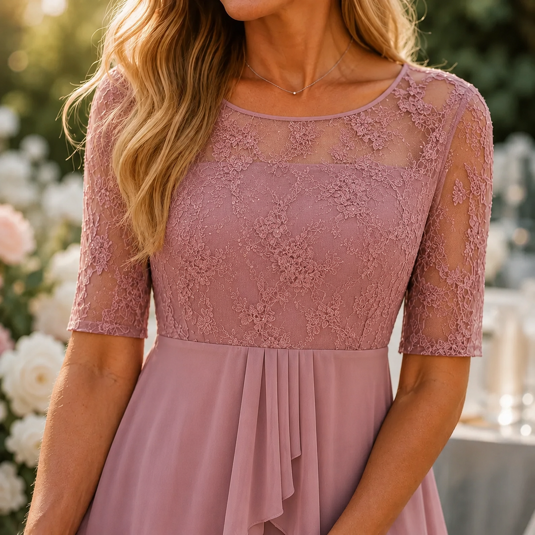 Elarose – Embroidered Lace Bodice Midi Dress for Weddings