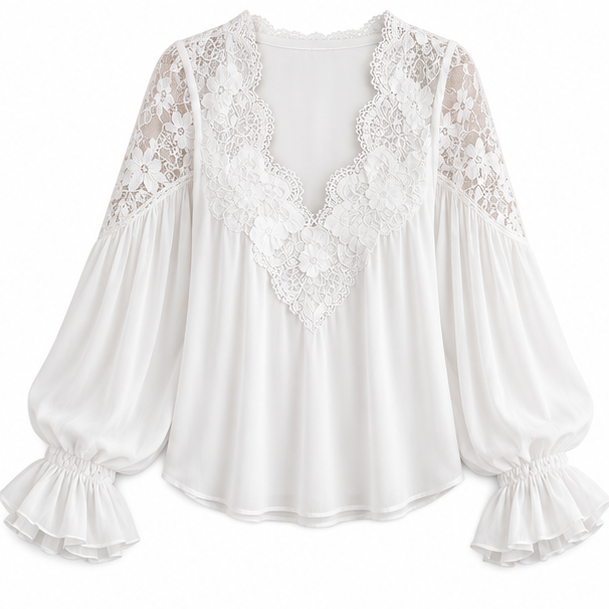 Rosabelle – Cotton Lace-Patchwork Ruffle-Cuff Blouse
