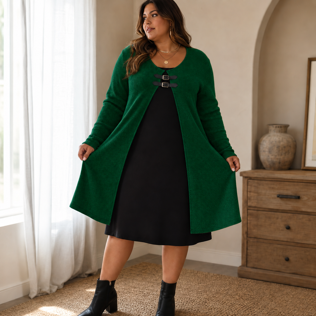 Duetta – Faux Two-Piece Buckle-Accent Ribbed A-Line Dress