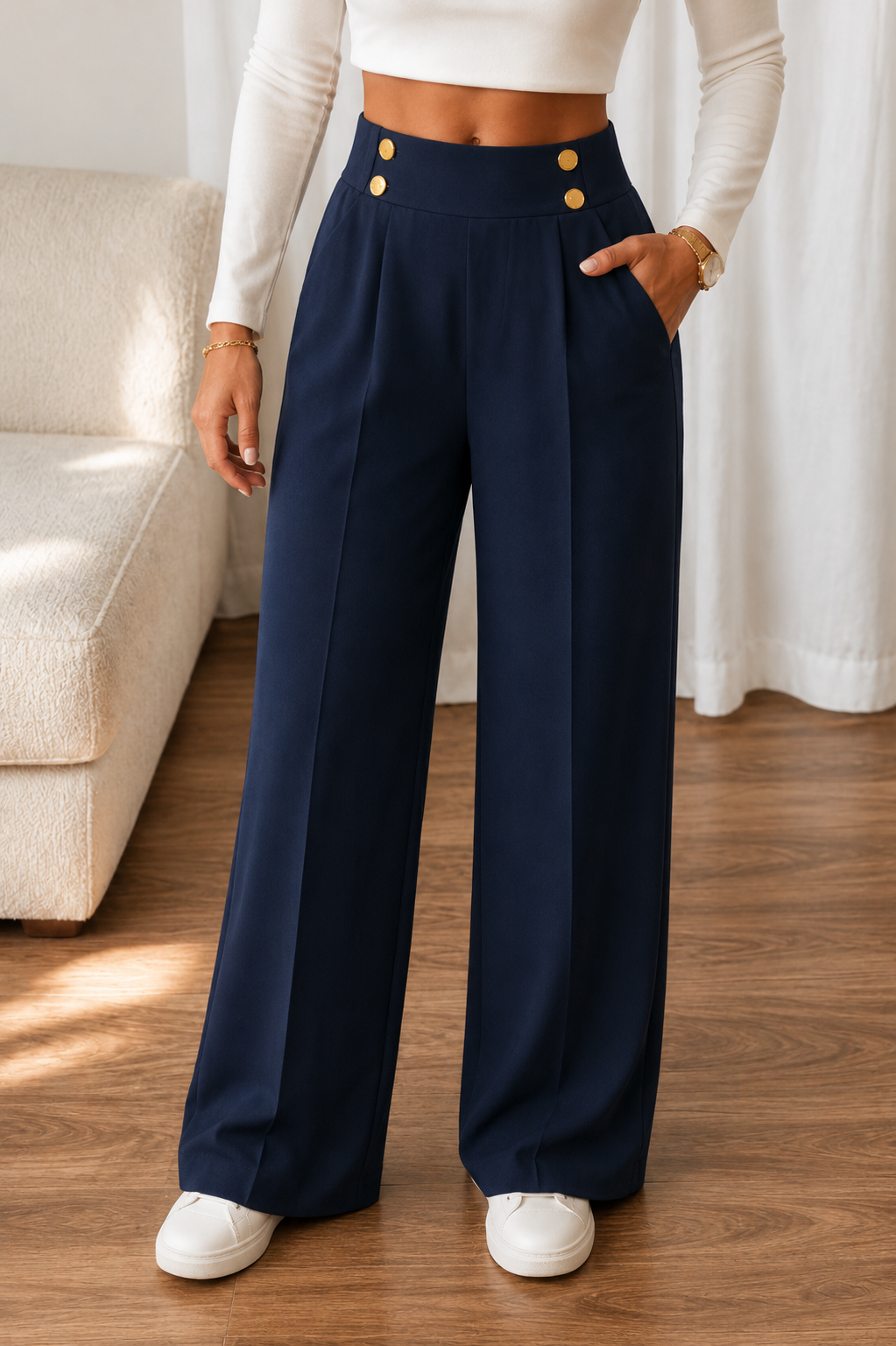 Wearbella – Metallic-Button Wide-Leg High-Waist Trousers