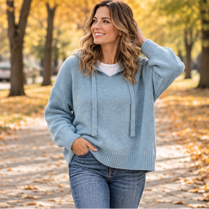 Easewell – Dropped Shoulder Knit Hoodie With Drawstring
