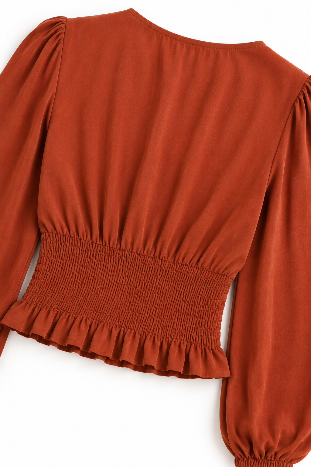 Cinchelle – Ruched Waist Puff Sleeve Chiffon Look Blouse