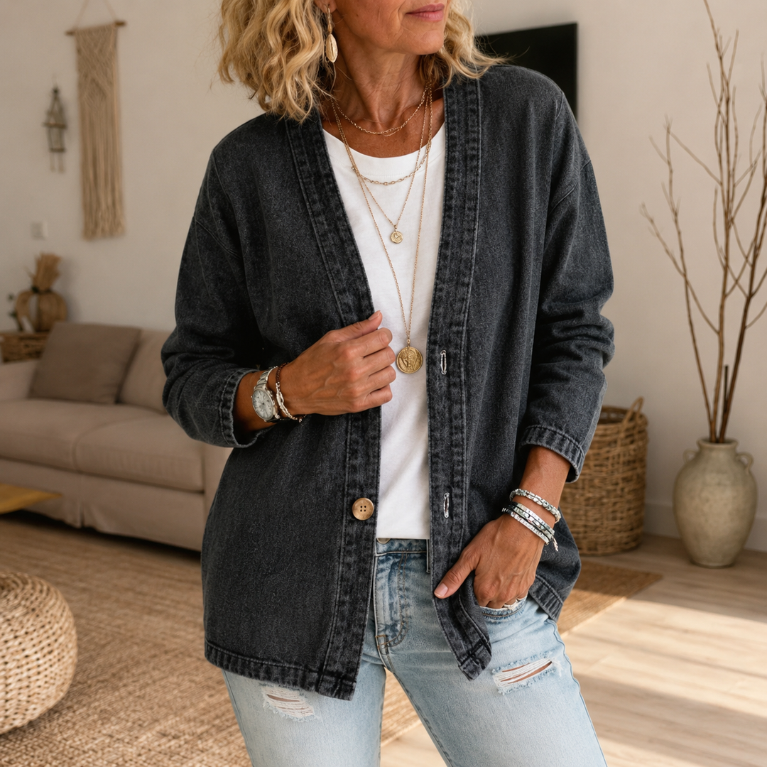 Drapella – Collarless Soft-Denim-Look Button-Down Cardigan